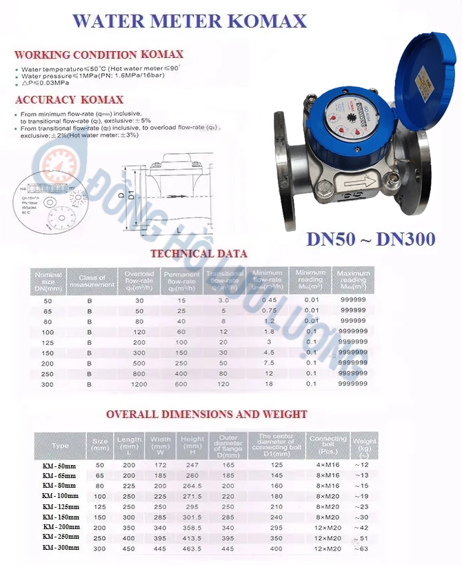 Thông số kỹ thuật của đồng hồ nước Komax thân inox