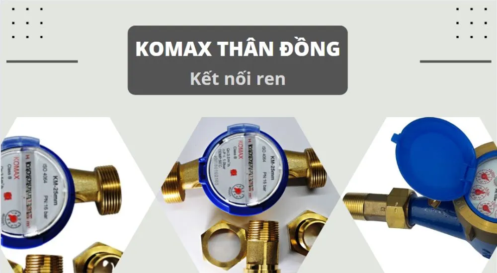 Kết nối ren của đồng hồ nước Komax thân đồng