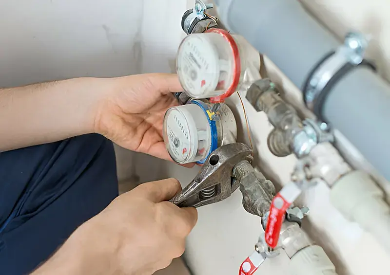 Một kỹ thuật viên đang lắp đặt đồng hồ nước đúng cách