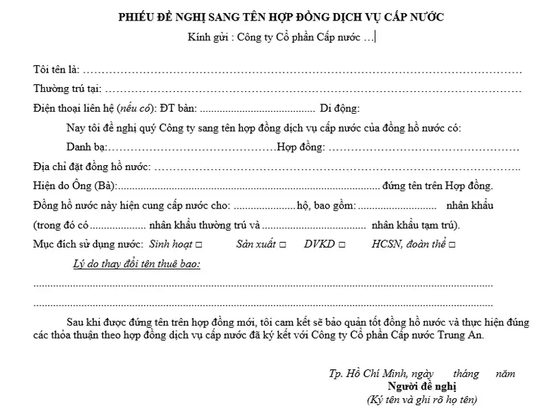 Phiếu thủ tục sang tên đồng hồ nước