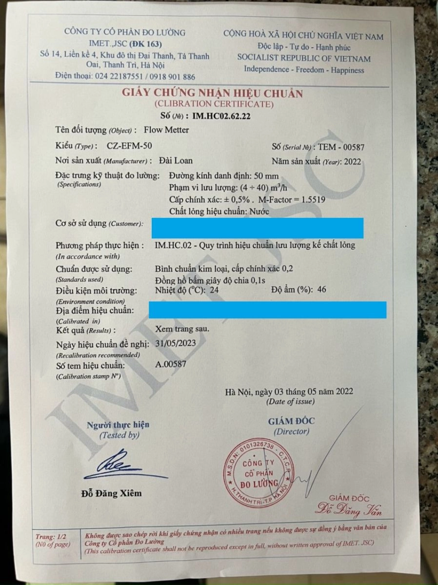Giấy hiệu chuẩn đồng hồ nước