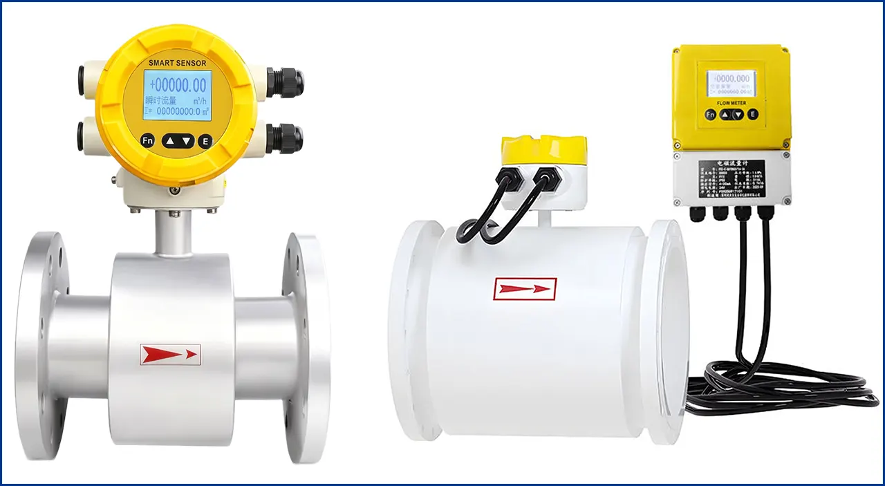 So sánh đồng hồ lưu lượng điện từ loại liền khối và loại tách rời lắp trên đường ống công nghiệp.