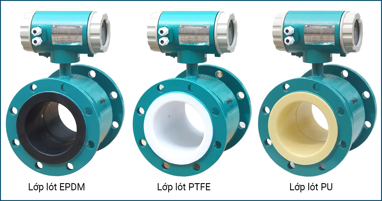 So sánh lớp lót cao su, PTFE và PU bên trong ống đo đồng hồ lưu lượng điện từ.